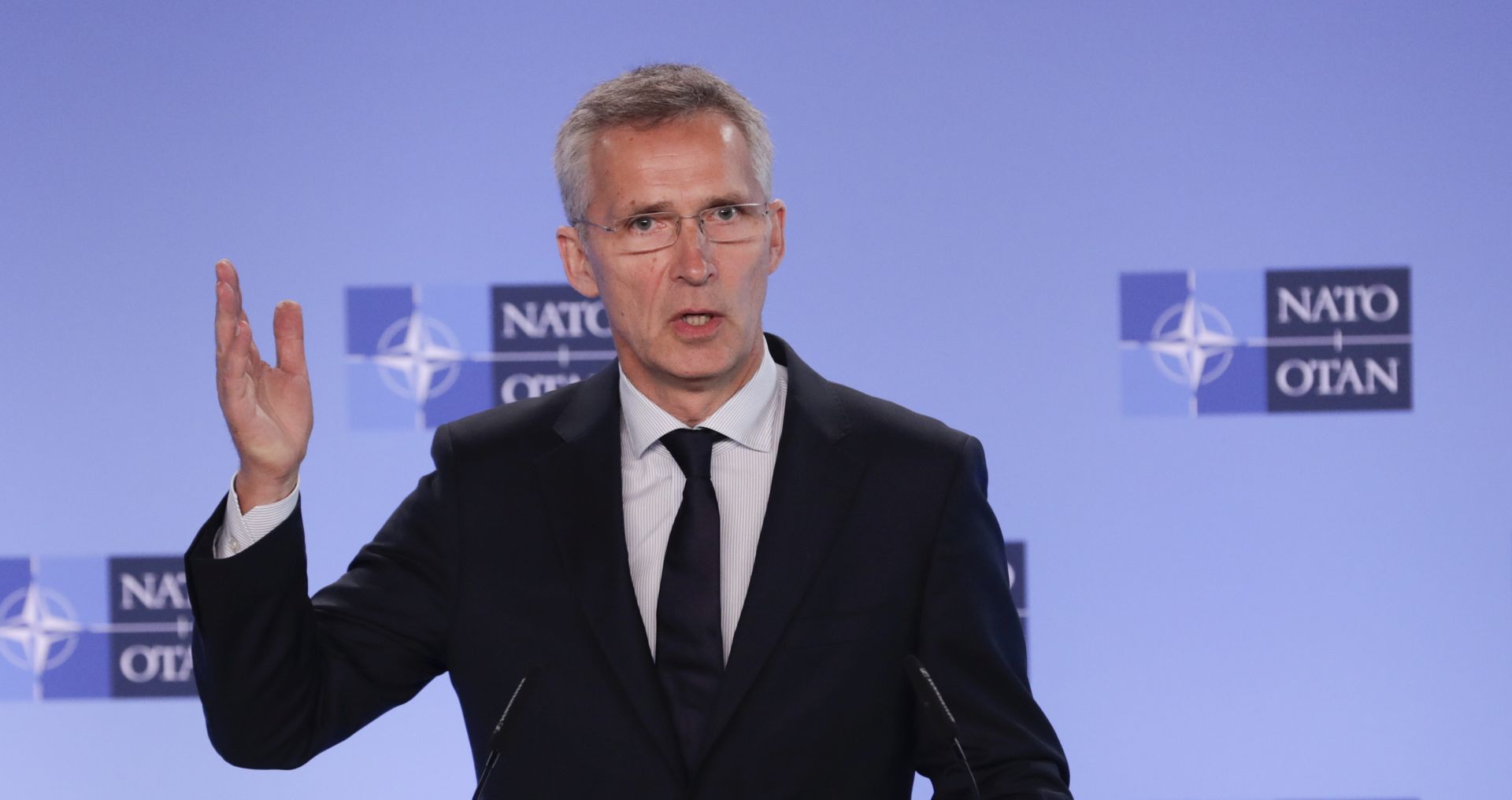 epa07696988 NATO Secretary General Jens Stoltenberg  gives a press briefing at the end of NATO-Russia Council in Brussels, Belgium, 05 July  2019. The meeting was mainly about the Intermediate-Range Nuclear Forces Treaty, or INF Treaty.  EPA/OLIVIER HOSLET