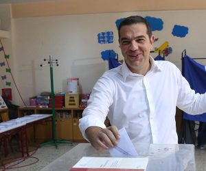 epa07700782 Greece's Prime Minister Alexis Tsipras casts his vote during the general elections at a polling station in Athens, Greece, 07 July 2019. Greek voters will go to the polls on 07 July 2019 to cast their ballots in the Greek general elections.  EPA/ORESTIS PANAGIOTOU