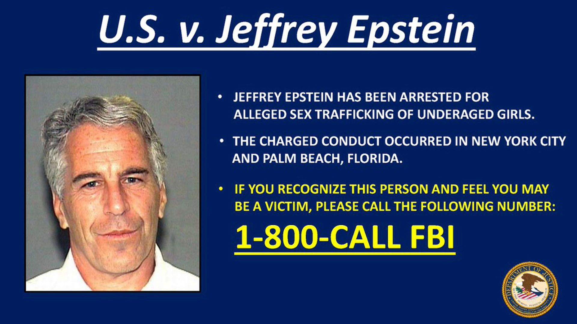 epa07704663 An undated handout photo made available by the US Attorney Southern District of New York showing Jeffrey Epstein. The US Attorney Southern District of New York state that they are appealing for members of the public who if they believe they are a victim of Jeffrey Epstein, or have information about the conduct alleged in the Indictment unsealed 08 July 2019, please call the FBI. US financier Jeffrey Epstein who was arrested on 08 July 2019 on alleged sex trafficking and conspiracy charges, has been formally charged with two sex trafficking counts.  EPA/US ATTORNEY SDNY / HANDOUT  HANDOUT EDITORIAL USE ONLY/NO SALES