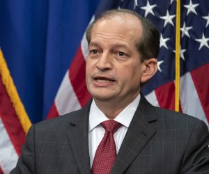 epa07708634 US Secretary of Labor Alex Acosta speaks at a news conference at the Department of Labor in Washington, DC, USA, 10 July 2019. Acosta has come under fire for his role in a plea deal for Jeffrey Epstein in 2008. Epstein was recently arrested and charged with sex trafficking of minors.  EPA/ERIK S. LESSER