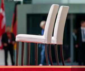 11 July 2019, Berlin: Two chairs are seen on the pedestal at the yard of the German Chancellery, before German Chancellor Angela Merkel receives Danish Prime Minister Mette Frederiksen during a ceremonial welcome. Photo: Michael Kappeler/dpa