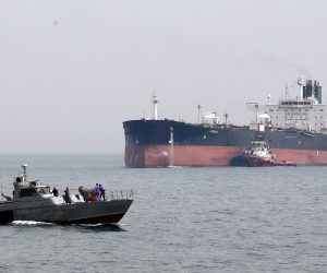 epa07709521 (FILE) - An Iranian military boat patrols next to the Artavil oil tanker, at the Kharg Island, in Persian Gulf, southern Iran, 12 March 2017 (reissued 11 July 2019). Reports on 11 July 2019 state British frigate HMS Montrose warned Iranian boats believed to belong to  Islamic Revolution Guard Corps (IRGC) of Iran that allegedly tried to impede the British Heritage tanker near the Gulf. HMS Montrose took position between the boats and the tanker while training its guns on the boats  reports state. The vessels then left the scene with no shots being fired on either side. Islamic Revolution Guard Corps (IRGC) has denied any involvement.  EPA/ABEDIN TAHERKENAREH