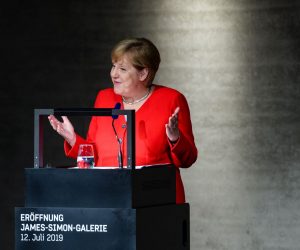 epa07711846 German Chancellor Angela Merkel speaks during the officially opening of the 'James-Simon-Galerie' building at the Museum Island in Berlin, Germany, 12 July 2019. The building is the new central entrance for the Berlin historic Museums Island and was designed by British architect David Chipperfield.  EPA/JENS SCHLUETER