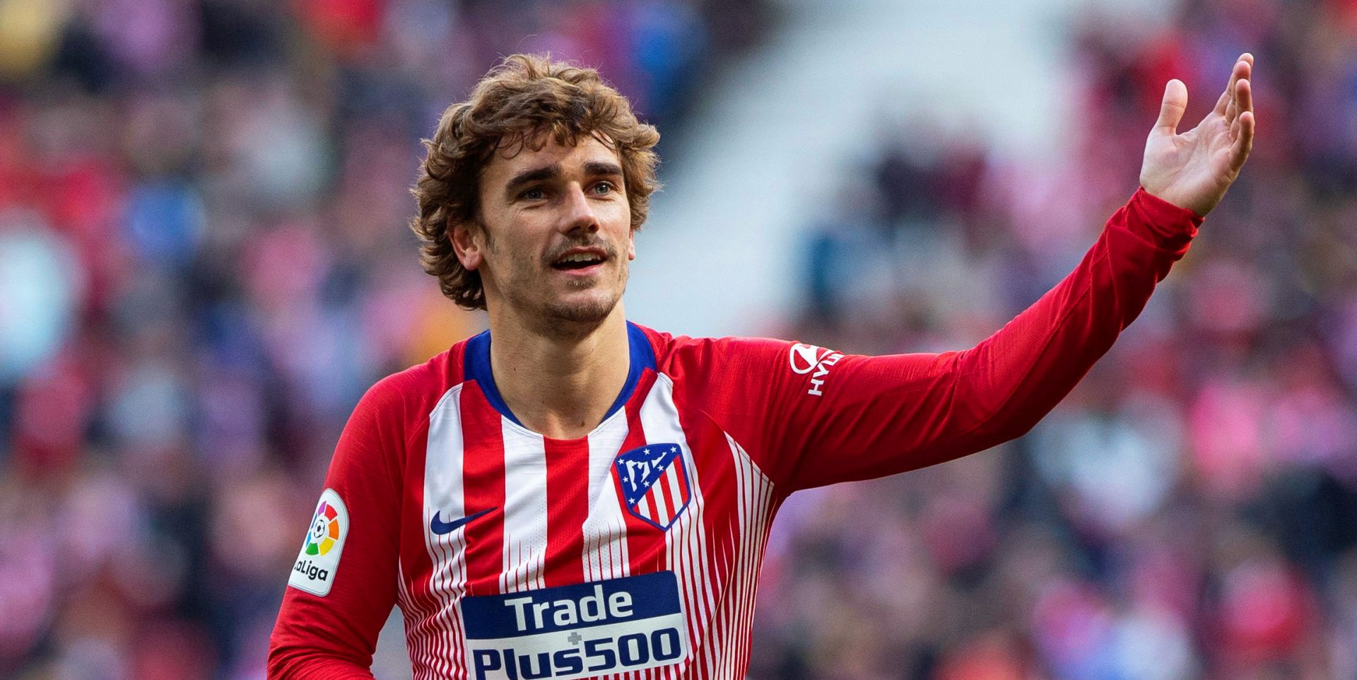 epa07712412 (FILE) - Atletico Madrid's forward Antoine Griezmann celebrates after scoring the 1-0 lead during the Spanish La Liga soccer match between Atletico Madrid and Getafe CF in Madrid, Spain, 26 January 2019 (reissued 12 July 2019). FC Barcelona announced on 12 July 2019 to have paid the 120 milion Euro buyout clause to release Antoine Griezmann from Atletico Madrid. Barcelona also announced that Griezmann will sign a five season contract, untill 30 June 2024, with a buyout close of 800 milion Euro.  EPA/RODRIGO JIMENEZ *** Local Caption *** 54936002
