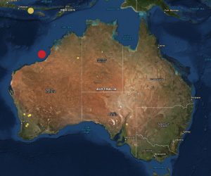 epa07715794 A handout screengrab made available 14 July 2019 by GeoScience Australia website shows a map with a red dot denoting an earthquake off the West Australian coast. An earthquake of a magnitude of 6.5 has hit off the West Australian coast at 3.39pm AEST on Sunday off the shore between Port Hedland and Broome, in the Indian Ocean, GeoScience Australia reported.  EPA/GeoScience Australia HANDOUT MANDATORY CREDIT NO ARCHIVING, EDITORIAL USE ONLY AUSTRALIA AND NEW ZEALAND OUT HANDOUT EDITORIAL USE ONLY/NO SALES