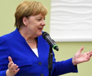 epa07719118 German Chancellor Angela Merkel gives a statement after her visit to the Siemens plant in Goerlitz, Germany, 15 July 2019.  EPA/FILIP SINGER
