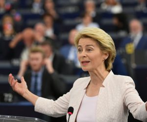 epa07719767 German Defense Minister Ursula von der Leyen and nominated President of the European Commission delivers her statement at the European Parliament in Strasbourg, France, 16 July 2019.  EPA/PATRICK SEEGER