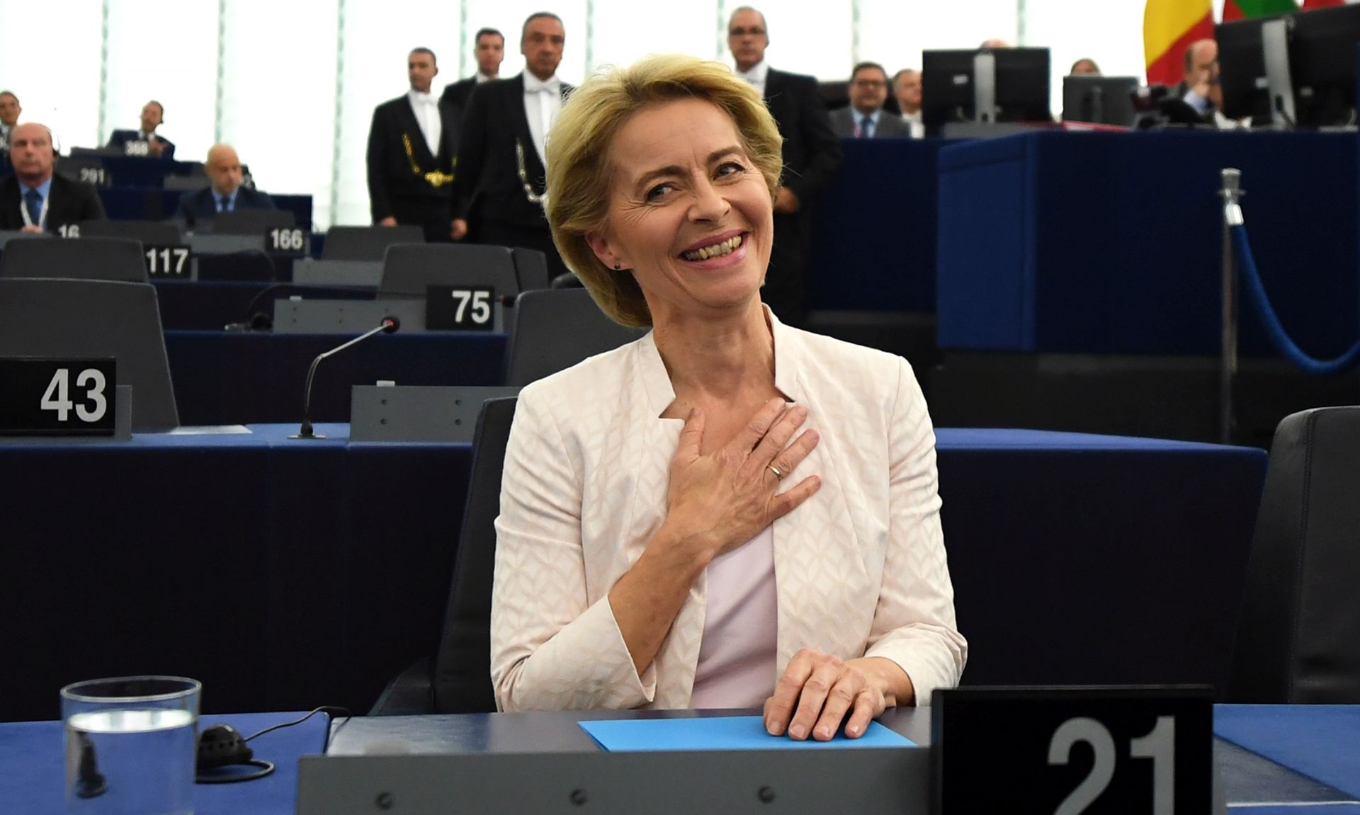 epa07720940 Ursula von der Leyen and nominated President of the European Commission reacts after a vote at the European Parliament in Strasbourg, France, 16 July 2019. European Parliament voted in favor of Ursula von der Leyen as the new President of the European Commission.  EPA/PATRICK SEEGER