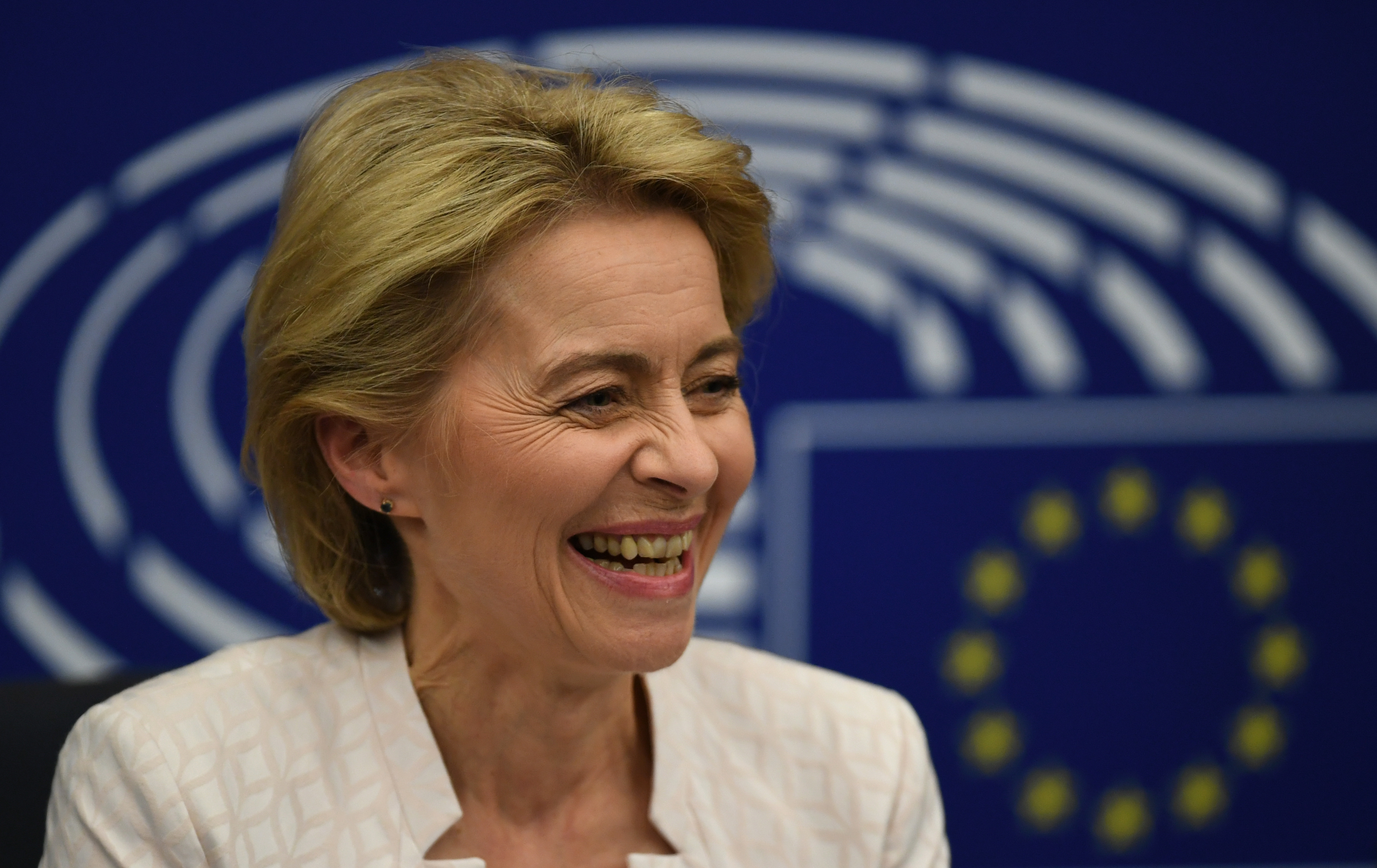 epa07720998 German Defense Minister Ursula von der Leyen and nominated President of the European Commission reacts after a vote at the European Parliament in Strasbourg, France, 16 July 2019. European Parliament voted in favor of Ursula von der Leyen as the new President of the European Commission.  EPA/PATRICK SEEGER
