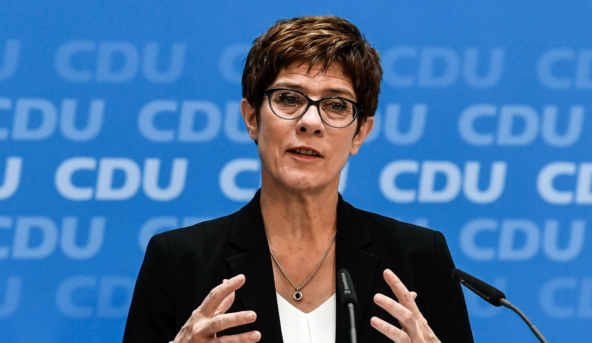epa07721054 (FILE) Christian Democratic Union (CDU) party chairwoman Annegret Kramp-Karrenbauer speaks during a press conference at the party headquarters in Berlin, Germany, 03 June 2019 (reissued 16 July 2019). According to media reports, Annegret Kramp-Karrenbauer will become new German Defence Minister replacing von der Leyen.  EPA/FILIP SINGER