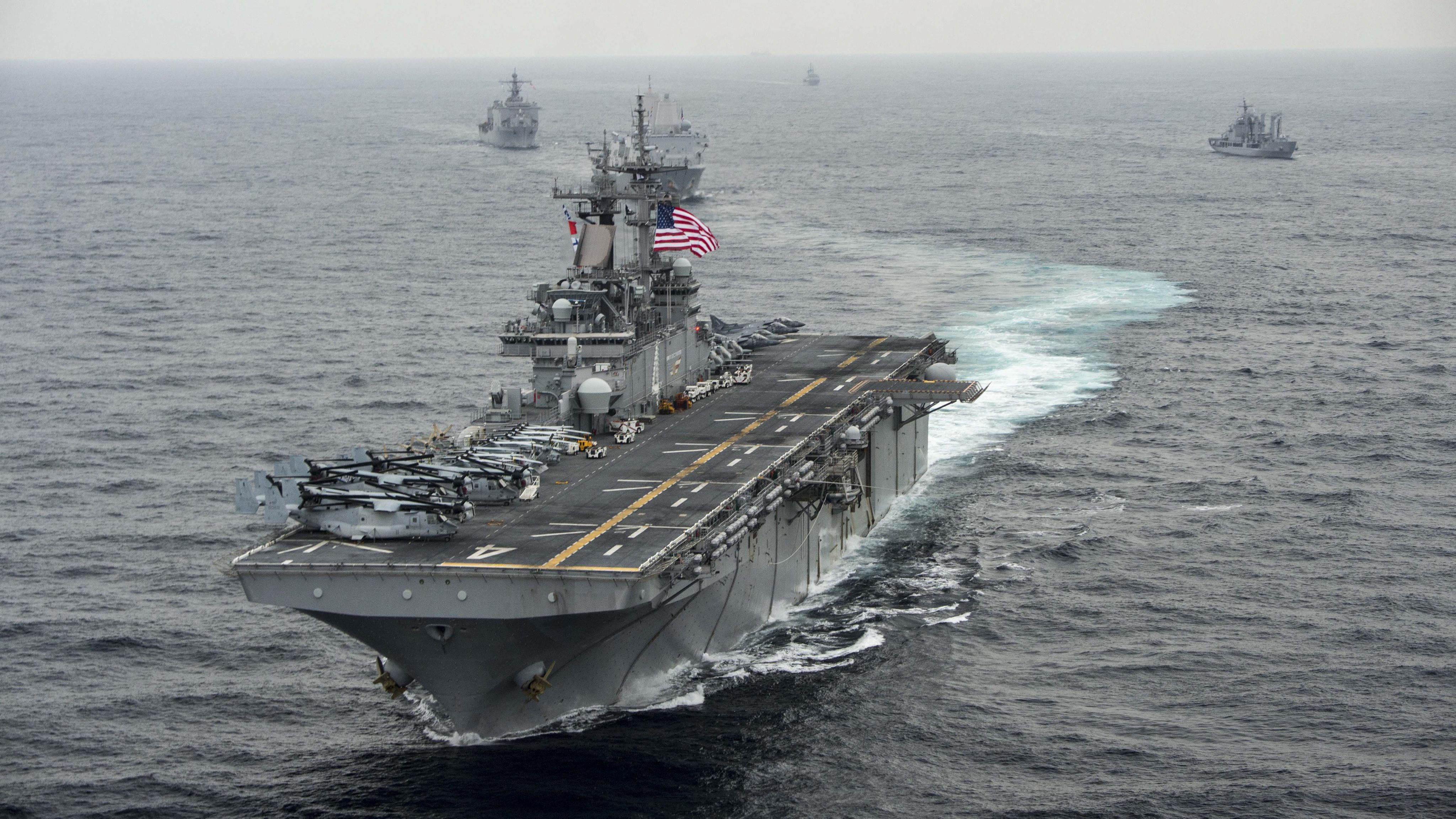 epa07725933 (FILE) - A handout photo made available by the US Navy Media Content Operations on shows the USS Boxer (LHD-4), a Wasp-class amphibious assault ship, transiting the East Sea during Exercise Ssang Yong, 08 March 2016(reissued 19 July 2019). According to media reports on 19 July, US President Donald Trump said, the USS Boxer shot down an Iranian drone after it came within a kilometer of the ship.  EPA/MCSN CRAIG Z. RODARTE / HANDOUT HANDOUT  HANDOUT EDITORIAL USE ONLY/NO SALES