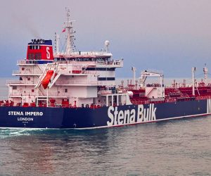 epa07727990 An undated handout photo made available by Stena Bulk shows British registered oil tanker 'Stena Impero' at sea. According to reports on 19 July 2019, Iranian Revolutionary Guard Corps (IRGC) claims to have seized Stena Impero at the Strait of Hormuz with 23 crew on board. Stena Bulk has issued a statement that 'UK registered vessel Stena Impero was approached by unidentified small crafts and a helicopter during transit of the Strait of Hormuz while the vessel was in international waters. We are presently unable to contact the vessel which is now heading north towards Iran.'  EPA/TOMMY CHIA / STENA BULK / HANDOUT  HANDOUT EDITORIAL USE ONLY/NO SALES