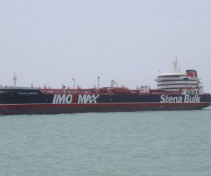 epa07728740 A handout picture released by Tasnim News Agency shows British flagged oil tanker Stena Impero in Bandar Abbas Anchorage in southern Iran, 20 July 2019. Iranian Revolutionary Guard Corps (IRGC) claims to have seized the Stena Impero at the Strait of Hormuz with 23 crew on board. Stena Bulk has issued a statement that the vessel had been 'approached by unidentified small crafts and a helicopter during transit of the Strait of Hormuz'.  EPA/Tasnim News Agency HANDOUT  HANDOUT EDITORIAL USE ONLY/NO SALES