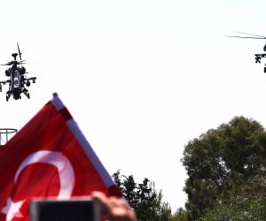 epa07728873 Turkey's helicopter fly over a military parade during the celebrate the 1974 Turkish invasion of northern Cyprus, in Nicosia, Cyprus, 20 July 2019. The year 2019 marks the 45th anniversary of the Turkish invasion of Cyprus in 1974. Cyprus has been split since July 1974, when Turkish troops invaded the northern third of the island in response to a Greek-inspired coup aimed at uniting the island with Greece. The July invasion resulted in some three percent of the Island being captured by Turkish forces before a ceasefire was announced, while some 40 percent of the Island was occupied in the second Turkish invasion in August 1974.  EPA/ANDREAS MANOLI  EPA-EFE/ANDREAS MANOLI