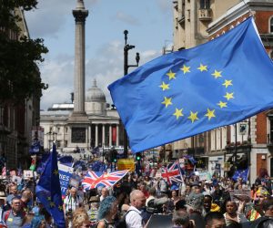 epa07729342 Anti Brexit protesters take part in the No to Boris, Yes to EU March in London, Britain, 20 July 2019. Thosuands of people gathered to march against Brexit and Boris Johnson to likely be named as the new British Prime Minister.  EPA/HOLLIE ADAMS