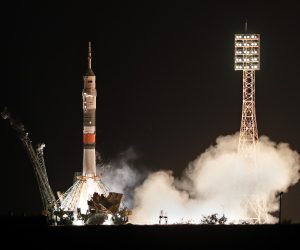 epa07729710 Soyuz MS-13 spacecraft with members of the International Space Station (ISS) expedition 60/61, NASA astronaut Andrew Morgan, Roscosmos cosmonaut Alexander Skvortsov and ESA astronaut Luca Parmitano lifts off from the launch pad at the Russian leased Baikonur cosmodrome, Kazakhstan, 20 July 2019. The launch of the mission is scheduled on 20 July from the Baikonur Cosmodrome in Kazakhstan.  EPA/YURI KOCHETKOV
