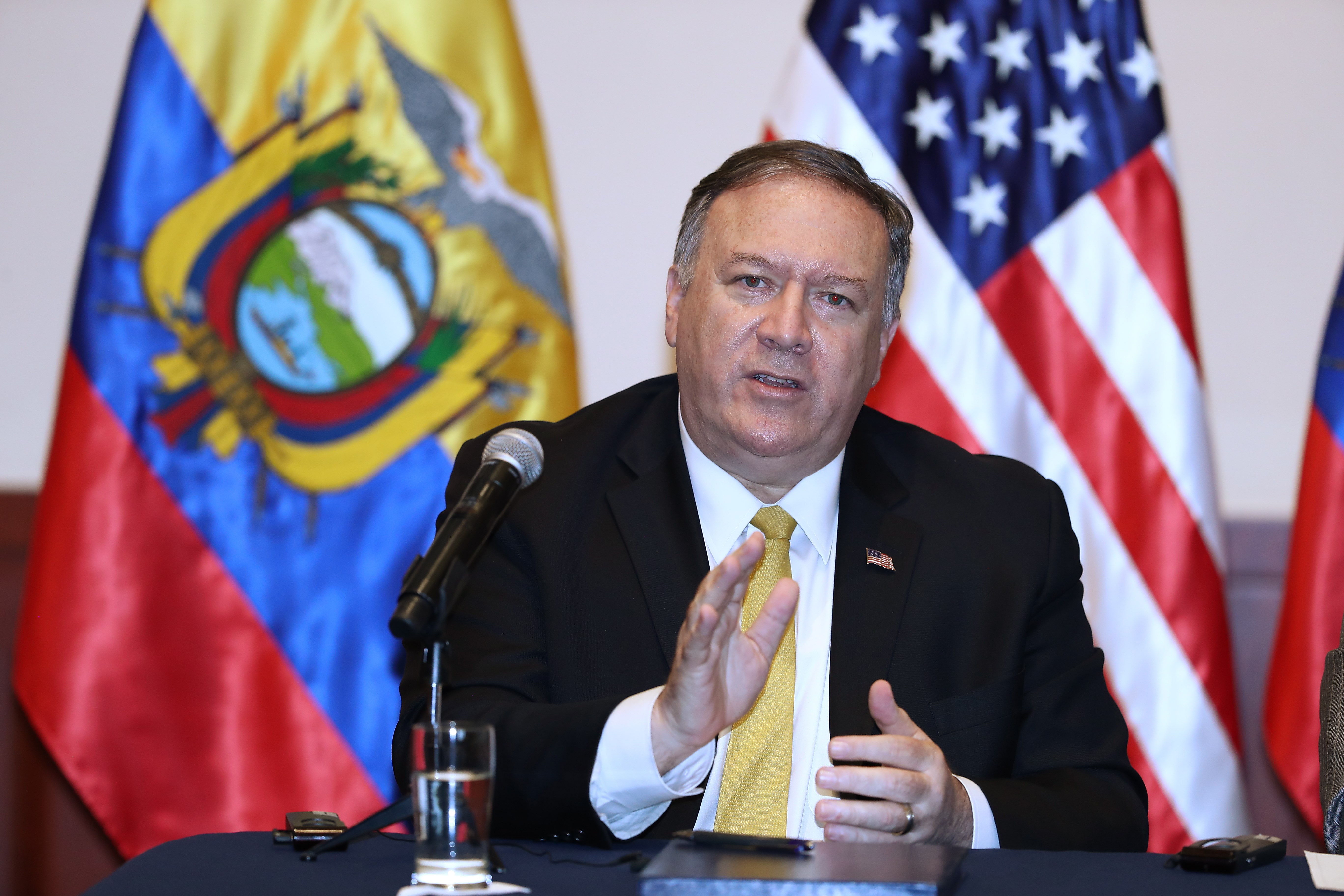 epa07730243 US Secretary of State Mike Pompeo speaks during a joint press conference with Ecuadorian President Lenin Moreno (not pictured) in Guayaquil, Ecuador, 20 July 2019. Pompeo visits Ecuador as part of his tour of Latin America to strengthen alliances in the Western Hemisphere on regional and global challenges.  EPA/JOSE JACOME