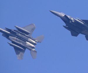 epa07734414 (FILE) - F-15K fighter jets from South Korea's airforce fly above the Osan Air Base during the Invincible Shield exercise, in Pyeongtaek, south of Seoul, South Korea, 08 November 2016 (reissued 23 July 2019). According to media reports on 23 July 2019, a Russian military plane violated South Korean airspace, prompting South Korean milirary officials to fire a warning shot and deploy F-15K and F-16K fighter jets to intercept the plane. The incident occured near the Dokdo islets.  EPA/JEON HEON-KYUN