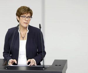 epa07736770 The German Minister of Defense Annegret Kramp-Karrenbauer speaks after her swearing-in ceremony at the parliamentary building Paul Loebe Haus in Berlin, Germany, 24 June 2019. Due to renovations in the plenary hall of the Reichstag building, the special session of the Bundestag on the swearing-in of the defense minister takes place in the neighboring Paul Loebe Haus.  EPA/FELIPE TRUEBA