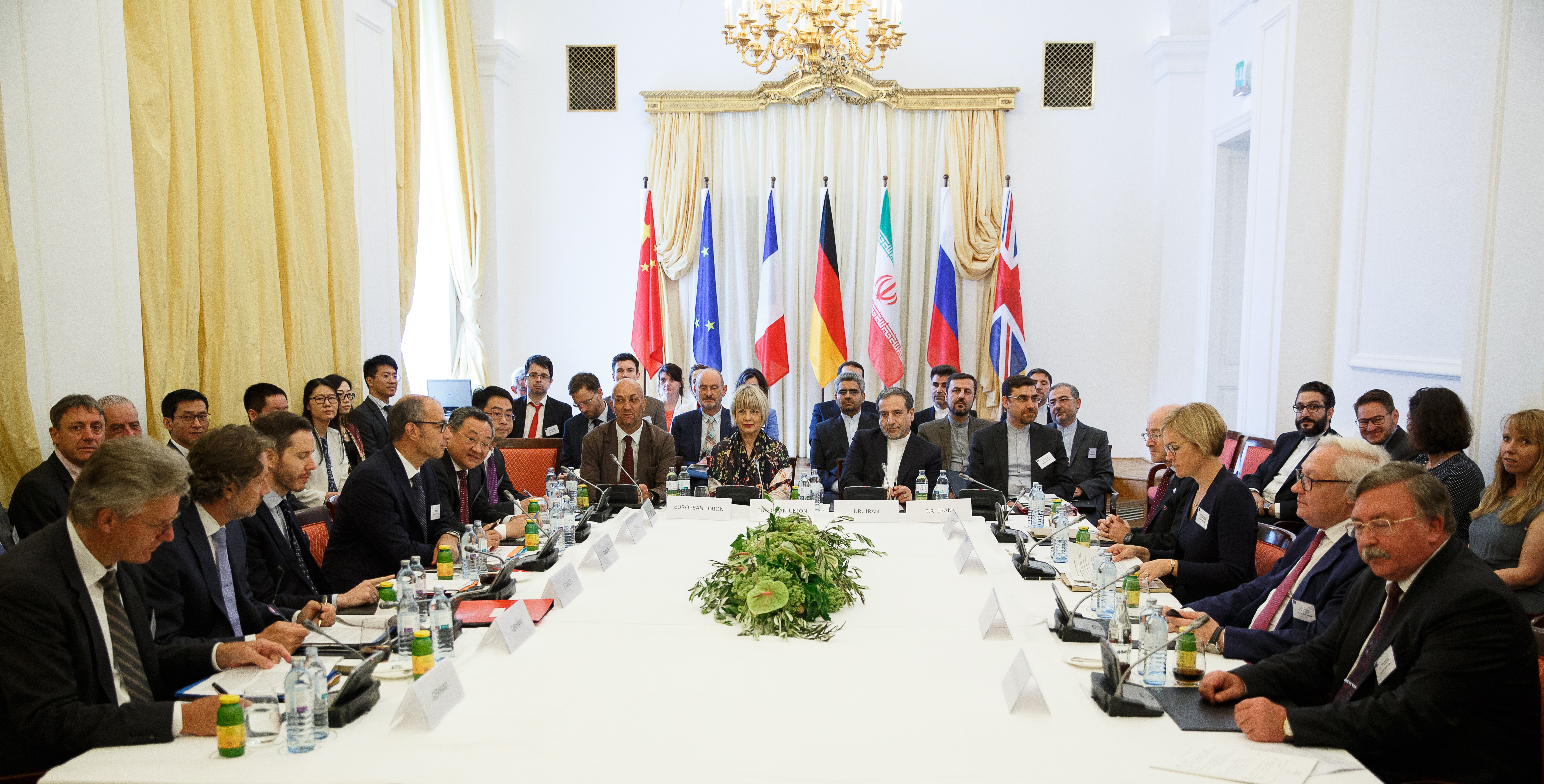 epa07745548 EU director Helga Schmid (2-L) and Iranian Deputy-Foreign Ministers Abbas Araghchi (2-R) attend an extraordinary JCPOA Joint Commission meeting at the Palais Coburg, in Vienna, Austria, 28 July 2019. The JCPOA Joint Commission meeting at a Political Directors' level is chaired on behalf of European Union High Representative Federica Mogherini by European External Action Service (EEAS) Secretary General Helga Maria Schmid and is attended by E3/EU+2 (Germany, France, the United Kingdom, China, Russia) and Iran.  EPA/FLORIAN WIESER
