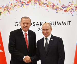 Russian President Putin and Turkish President Erdogan attend their bilateral meeting on the sidelines of the G20 leaders summit in Osaka Russian President Vladimir Putin (R) shakes hands with Turkish President Recep Tayyip Erdogan during their bilateral meeting on the sidelines of the G20 leaders summit in Osaka, Japan, on June 29, 2019. Yuri Kadobnov/Pool via REUTERS POOL