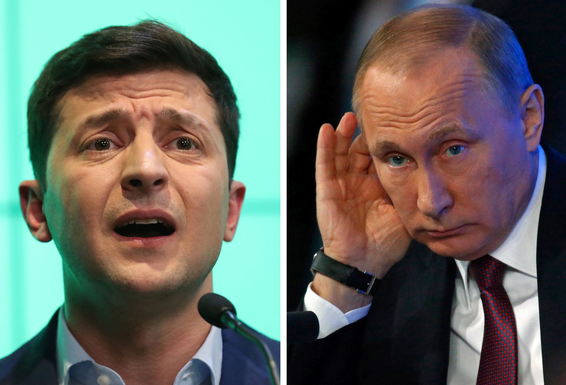 epa07713961 (FILE / COMPOSITE) - Ukranian then Presidential candidate Volodymyr Zelensky (L) talks to the media during the Ukrainian presidential elections in Kiev, Ukraine, 21 April 2019, and Russian President Vladimir Putin (R) gestures while answering a question during his annual press conference in in Moscow, Russia, 23 December 2016 (images reissued 13 July 2019). According to reports, The Ukraine's President Zelensky called Russian President Put on the phone on 11 July 2019 for the first time.  EPA/TATYANA ZENKOVICH/YURI KOCHETKOV