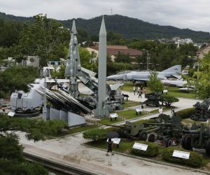 epa07749488 Peoples look at a North Korean Scud-B Tactical Ballistic Missile (C) on display at the Korean War Memorial Museum in Seoul, South Korea, 31 July 2019. According to South Korea's Joint Chiefs of Staff (JCS), North Korea fired two short-range missiles toward the East Sea from the Kalma area near the North's eastern port of Wonsan on 31 July.  EPA/JEON HEON-KYUN