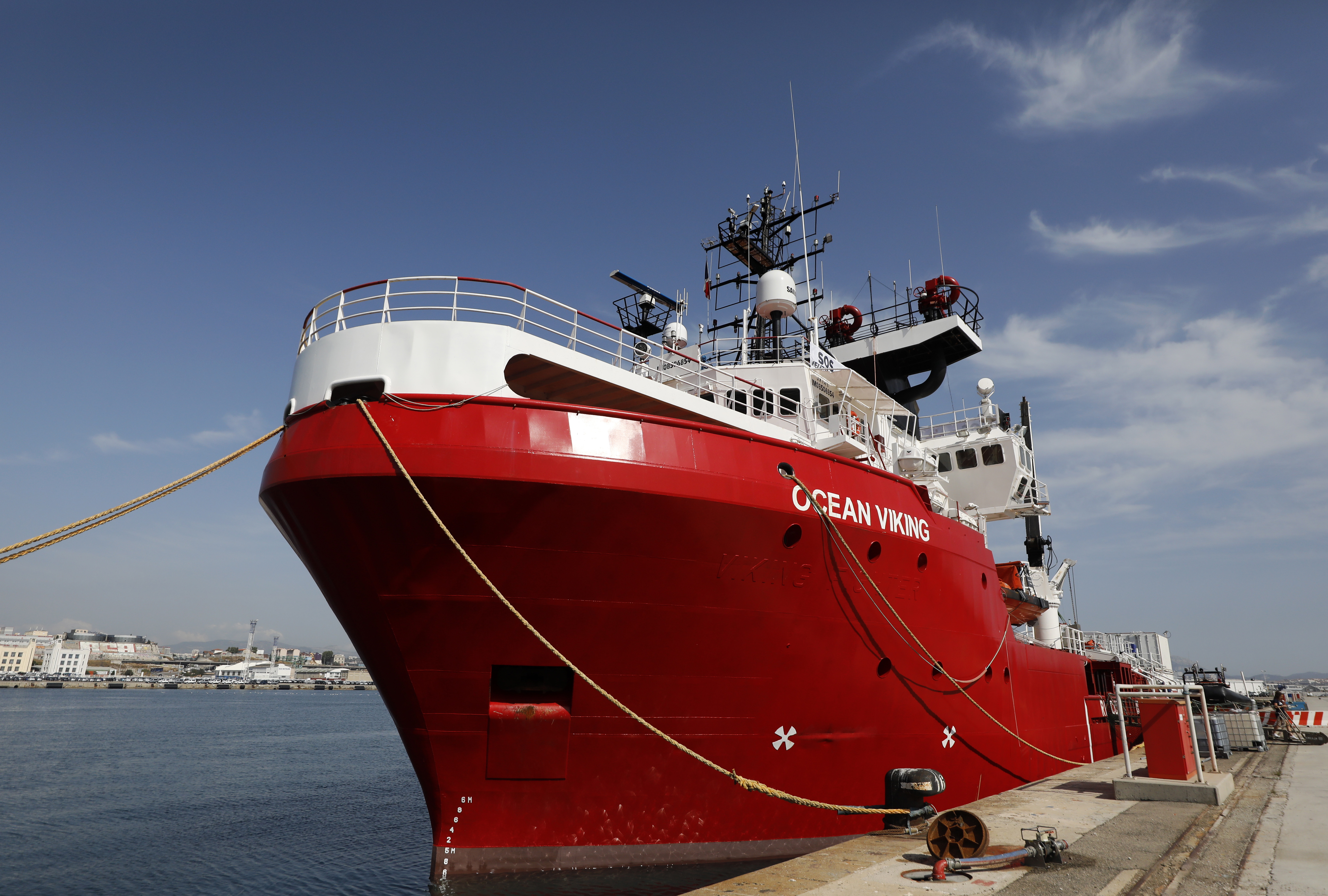 epa07752341 The new rescue vessel 'Ocean Viking' of the French NGO SOS Mediterranee and Doctors Without Borders is moored in the port of Marseille, France, 01 August 2019.  EPA/SEBASTIEN NOGIER