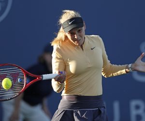 epa07755678 Donna Vekic of Croatia in action against Aryna Sabalenka of Belarus during a women's semifinal match at the Silicon Valley Classic tennis tournament in San Jose, California, USA, 03 August 2019.  EPA/JOHN G. MABANGLO