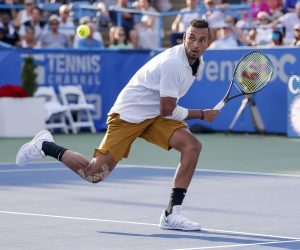 epa07757183 Nick Kyrgios of Australia in action against Daniil Medvedev of Russia during the men's singles final match in the Citi Open tennis tournament at the Rock Creek Park Tennis Center in Washington, DC, USA, 04 August 2019.  EPA/ERIK S. LESSER