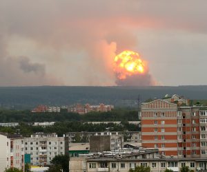 epa07758758 Explosions of a military ammunition depot some six miles away from a city of Achinsk, Krasnoyarsk area, 05 August 2019, issued 06 August 2019. Reports by the Emergenicies Ministry stating about 12 people were injured during the explosions.  EPA/DMITRY DUB