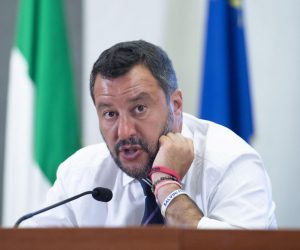 epa07758884 Italian deputy premier and interior minister, Matteo Salvini, speaks to the press during a break of the meeting with the industrial and trade union organizations at the Viminale building in Rome, Italy, 06 August 2019.  EPA/MAURIZIO BRAMBATT