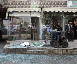 epa07760003 A view of the desctruction caused at the scene of a car bomb blast, in Kabul, Afghanistan, 07 August 2019. Dozens of people were injured when a car bomb exploded outside a police station in Kabul.  EPA/HEDAYATULLAH AMID