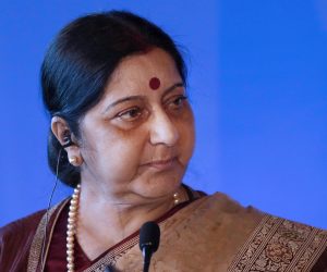 epa07760097 (FILE) - Indian Foreign Affairs Minister Sushma Swaraj makes a statement following her meeting with French Minister for Foreign Affairs Jean Yves Le Drian (unseen) at Quai d'Orsay in Paris, France, 18 June 2018, reissued 07 August 2019. Media reports on 07 August 2019 state that 67 year old Sushma Swaraj died on 06 August after suffering a massive heart attack and her last rites will be performed in New Delhi.    *** Local Caption *** 54419996  EPA/YOAN VALAT *** Local Caption *** 54419996