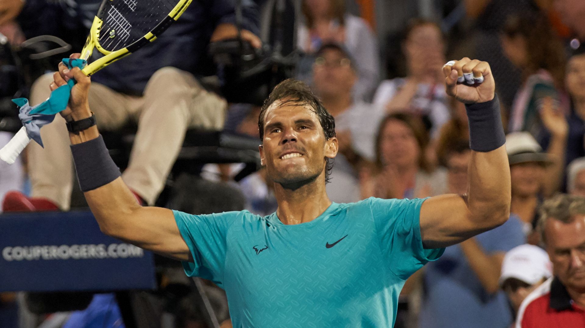 epa07763148 Rafael Nadal of Spain celebrates his victory against Guido Pella of Argentina during the Men's Singles round of 16 at the Rogers Cup tennis tournament in Montreal, Canada, 08 August 2019.  EPA/VALERIE BLUM