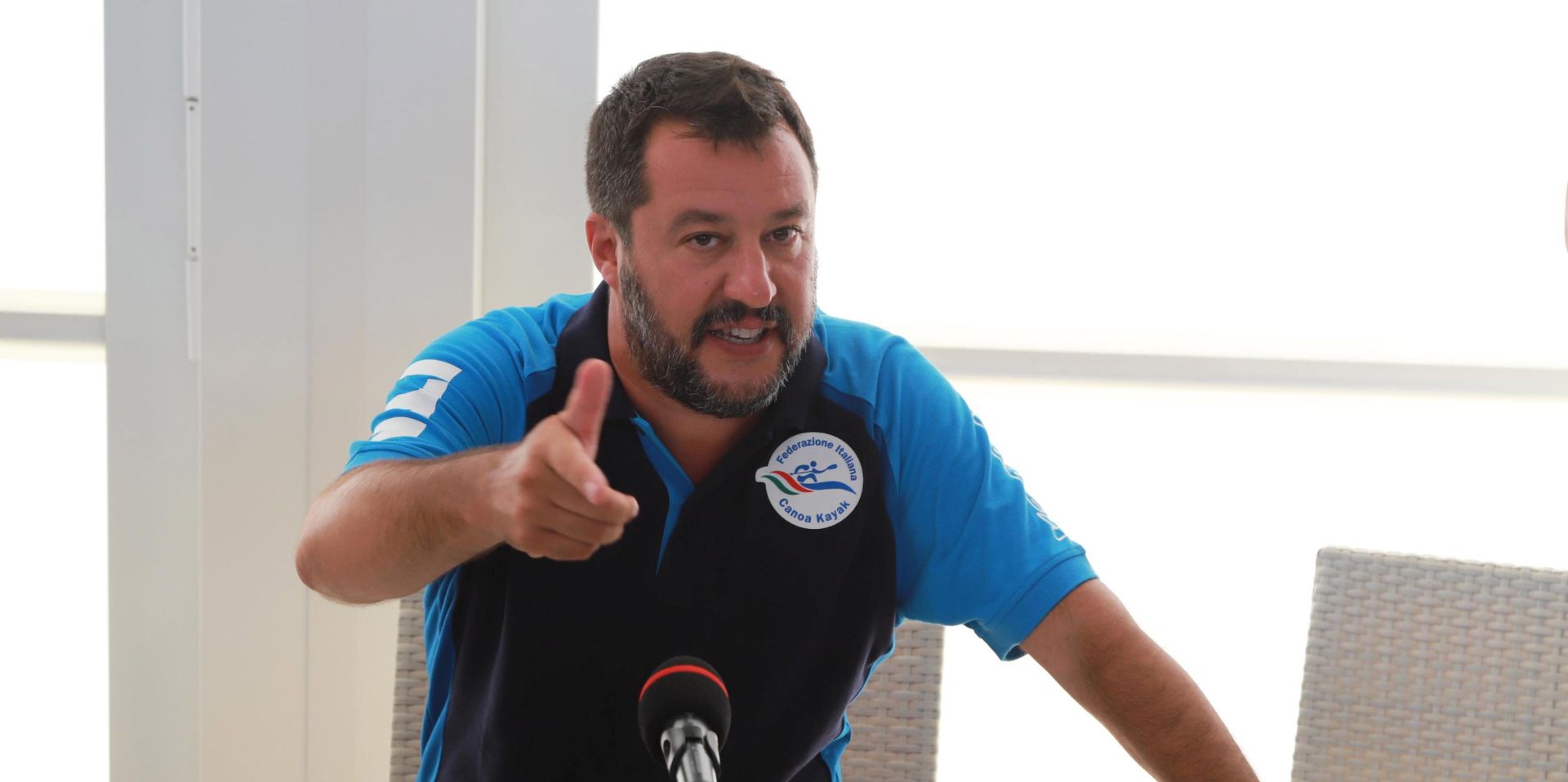 epa07763863 Italian Deputy Prime Minister and Interior Minister, Matteo Salvini during a press conference for his 'Italian summer tour', at Lido Cala Sveva in Termoli, southern Italy, 09 August 2019. Italy's League right-wing party on the day has officially presented in the Senate a motion of no confidence in Prime Minister Giuseppe Conte after Salvini, said that the ruling coalition no longer existed, calling for snap elections.  EPA/NICO LANESE