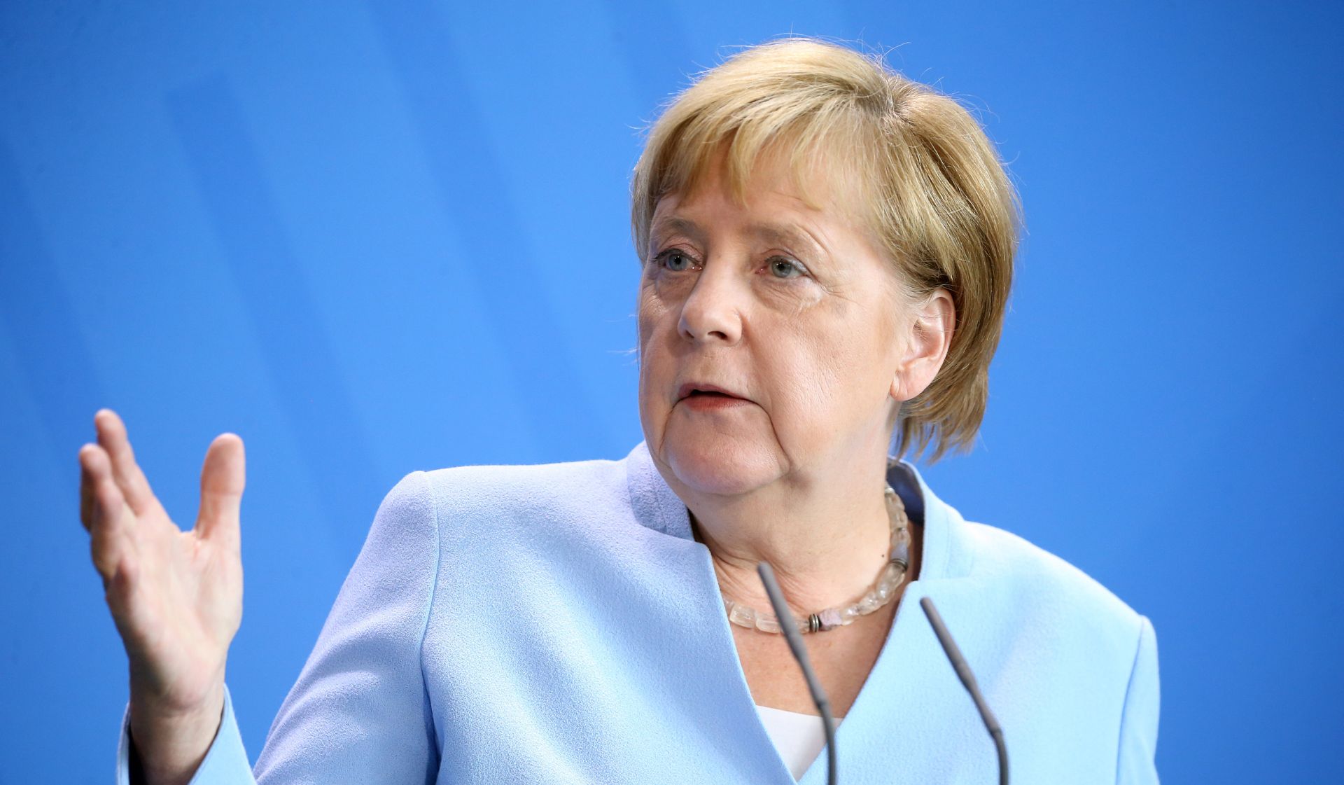 14 August 2019, Berlin: German Chancellor Angela Merkel speaks during a press conference with Gitanas Nauseda (Not Pictured), President of Lithuania, at the Federal Chancellery. Photo: Wolfgang Kumm/dpa