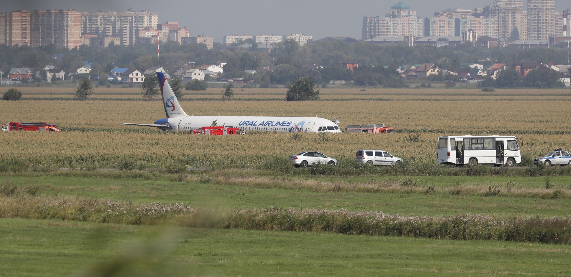 epa07774189 A general view shows a Ural Airlines A-321 passenger plane on the site of its emergency landing in a field outside Zhukovsky airport in Ramensky district of Moscow region, Russia, 15 August 2019. A-321 with 226 passengers and seven crew members on board en-route from Moscow to Simferopol made emergency landing after a right engine failure following the plane's colliding with seagulls shortly after take-off. Ten people were hospitalized following the accident.  EPA/SERGEI ILNITSKY