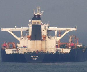 epa07774483 (FILE) - The Iranian oil supertanker Grace 1 intercepted by British Royal Marines and Gibraltar's police in the Strait of Gibraltar, in Algeciras, Spain, 19 July 2019 (reissued 15 August 2019). According to reports, Gibraltar was to release the crew of the Grace 1 tanker which was held on the suspicion it was transporting crude oil to a refinery in Syria against EU sanctions. Meanwhile, the US has asked for detention of the supertanker.  EPA/A. CARRASCO RAGEL