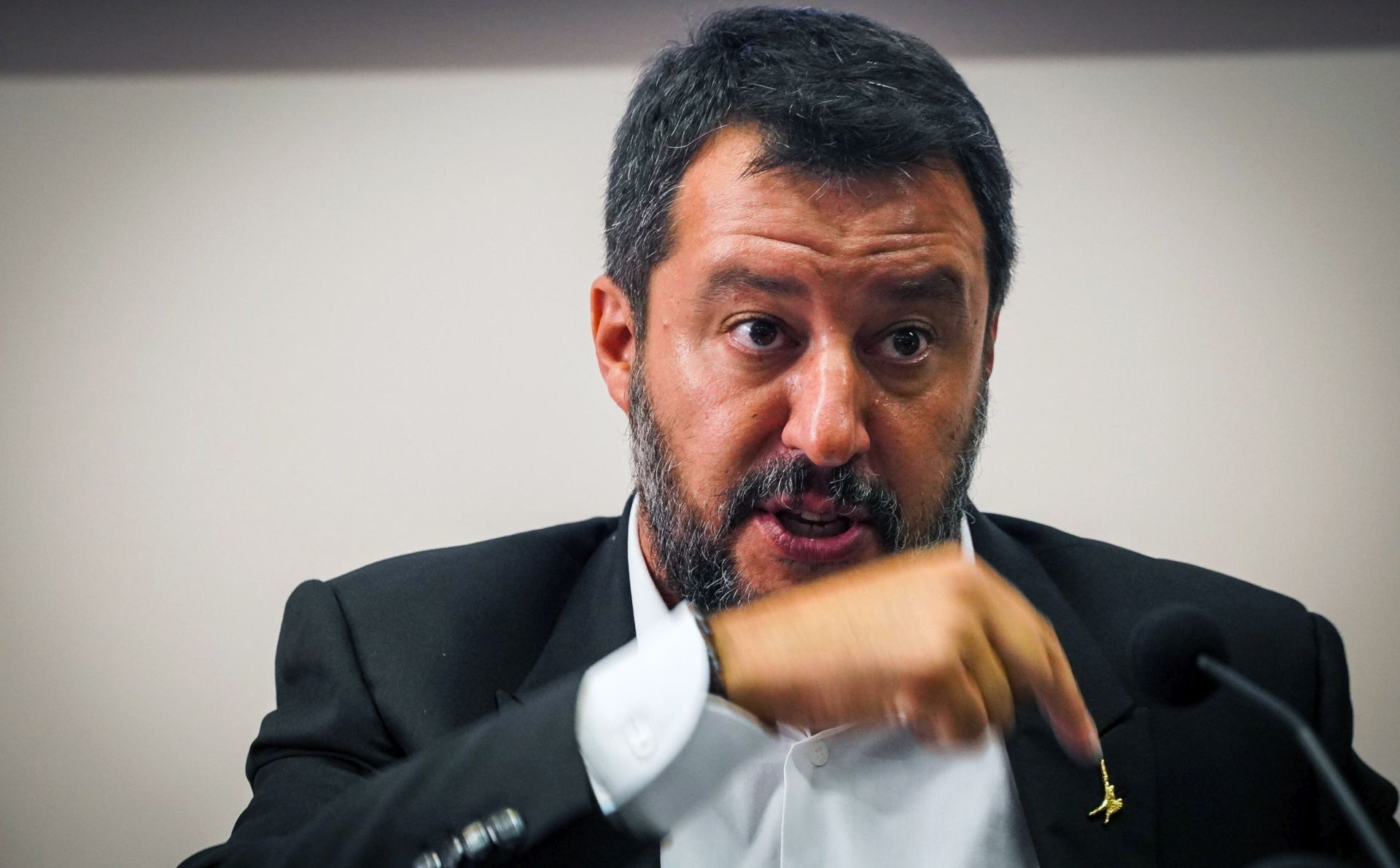 epa07774949 Italian Deputy Prime Minister and Interior Minister Matteo Salvini speaks to journalists at the end of a security conference in Castelvolturno, southern Italy, 15 August 2019.  EPA/CESARE ABBATE
