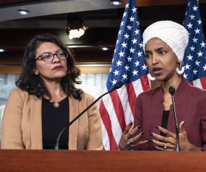 epa07774972 (FILE) - Democratic Representatives Ilhan Omar (R) and Rashida Tlaib speak about President Trump's Twitter attacks against them in the US Capitol in Washington, DC, USA, 15 July 2019 (reissued 15 August 2019). According to media reports, US Democratic congresswomen Rashida Tlaib and Ilhan Omar have been banned from entering Israel over an anti-Israel boycott movement.  EPA/JIM LO SCALZO