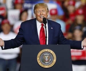 epa07775679 United States President Donald J. Trump speaks during a rally inside the Southern New Hampshire University Arena in Manchester, New Hampshire, USA 15 August 2019. The Nation's first Presidential Primary will take place in New Hampshire in 180 days on 11 February 2020.  EPA/CJ GUNTHER