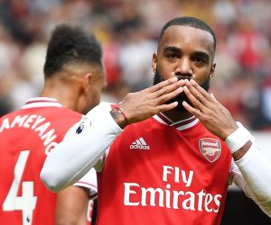 epa07777455 Arsenal's Alexandre Lacazette celebrates after scoring during the English Premier League soccer match between Arsenal and Burnley at the Emirates Stadium in London,  Britain, 17 August 2019.  EPA/ANDY RAIN EDITORIAL USE ONLY. No use with unauthorized audio, video, data, fixture lists, club/league logos or 'live' services. Online in-match use limited to 120 images, no video emulation. No use in betting, games or single club/league/player publications