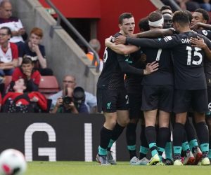 epa07777872 Liverpool players celebrate during the English Premier League soccer match between Southampton and Liverpool at St Mary's Stadium, Southampton, Britain, 17 August 2019.  EPA/WILL OLIVER EDITORIAL USE ONLY. No use with unauthorized audio, video, data, fixture lists, club/league logos or 'live' services. Online in-match use limited to 120 images, no video emulation. No use in betting, games or single club/league/player publications