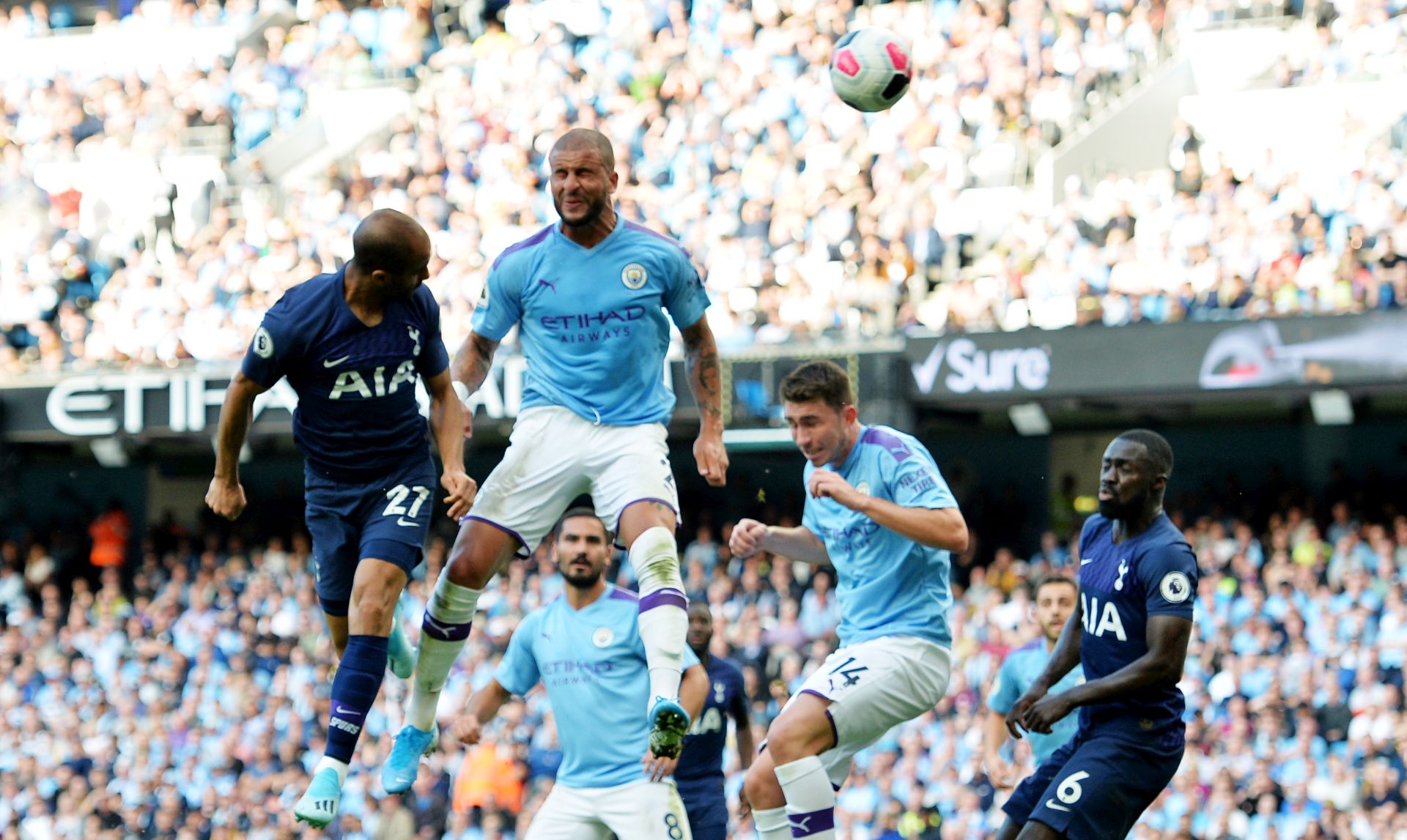 epa07778249 Tottenham Hotspur's Lucas Moura (L) scores a goal during the English Premier League soccer match between Manchester City and Tottenham Hotspurs at the Etihad Stadium in Manchester, Britain, 17 August 2019.  EPA/PETER POWELL EDITORIAL USE ONLY.  No use with unauthorized audio, video, data, fixture lists, club/league logos or 'live' services. Online in-match use limited to 120 images, no video emulation. No use in betting, games or single club/league/player publications.