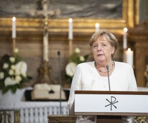 epa07780388 A handout photo made available by the German Federal Government (Bundesregierung) shows German Chancellor Angela Merkel delivering a speech in the Evangelical Church of Sopron on the occasion of the 30th anniversary of the pan-European picnic, in Sopron, Hungary, 19 August 2019. Merkel is in Sopron to attend the 30th anniversary of the beginning of the dismantling of the iron curtain between Hungary and Austria.  EPA/GUIDO BERGMANN/GERMAN FEDERAL GOVERNMENT HANDOUT  HANDOUT EDITORIAL USE ONLY/NO SALES