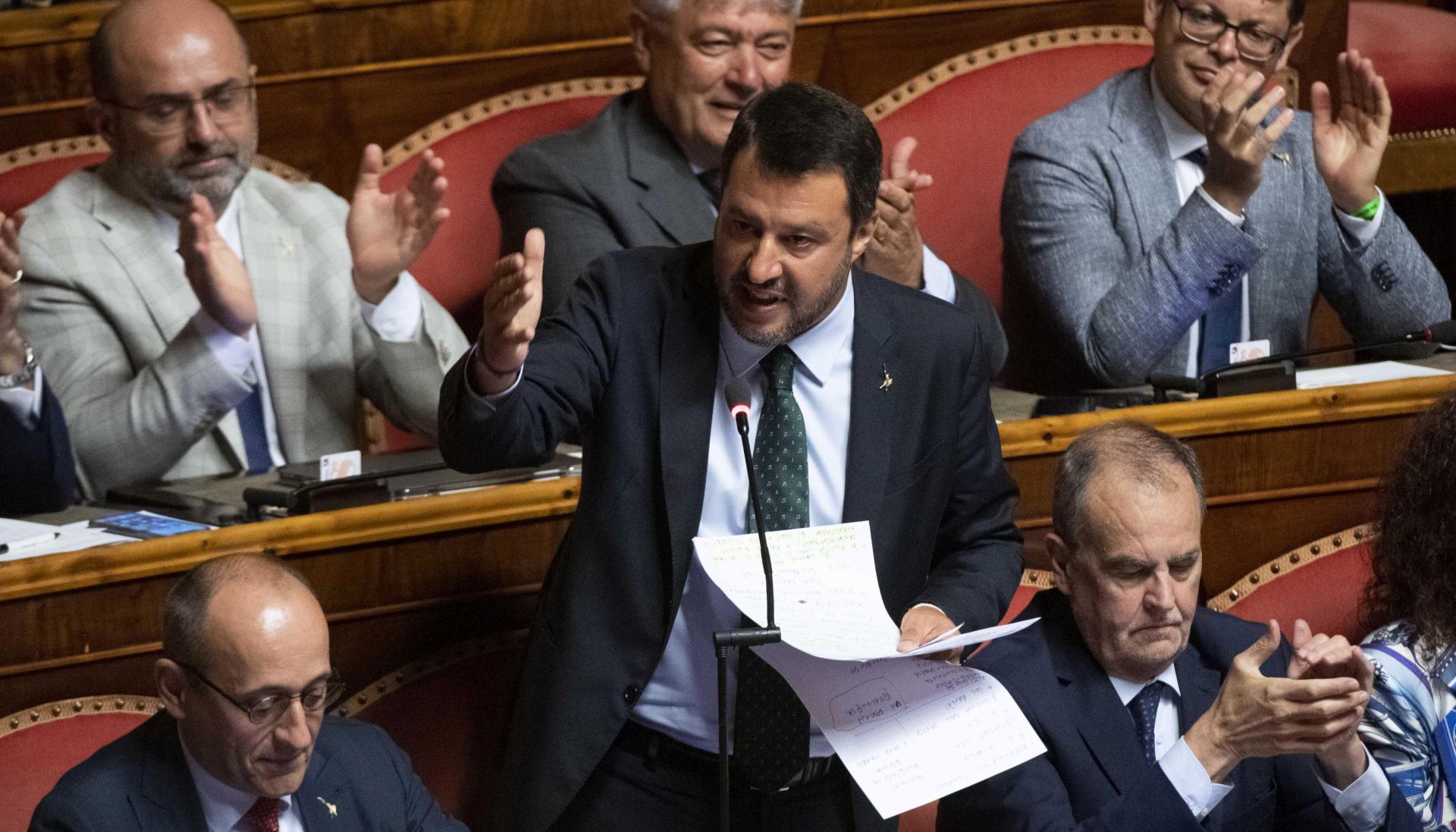 epa07782528 Italian Deputy Premier and Interior Minister Matteo Salvini addresses to the Senate, Rome, Italy, 20 August 2019. Italian Premier Giuseppe Conte said that the government has come to an end and that he would resign.  EPA/CLAUDIO PERI