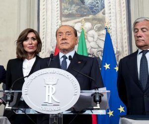 epa07785507 Former premier and leader of the Forza Italia (FI) party Silvio Berlusconi (C) addresses the media after a meeting with Italian President Sergio Mattarella at the Quirinale Palace for the second round of formal political consultations following the resignation of Prime Minister Giuseppe Conte, in Rome, Italy, 22 August 2019. In picture (L-R) are seen Mariastella Gelmini, Anna Maria Bernini and Antonio Tajani. 'The experience just concluded shows that government projects are done with the times and with compatible ideas, not after the vote but before. So a government can't be born in the lab, if it's based only on a contract,' Berlusconi said.  EPA/ANGELO CARCONI
