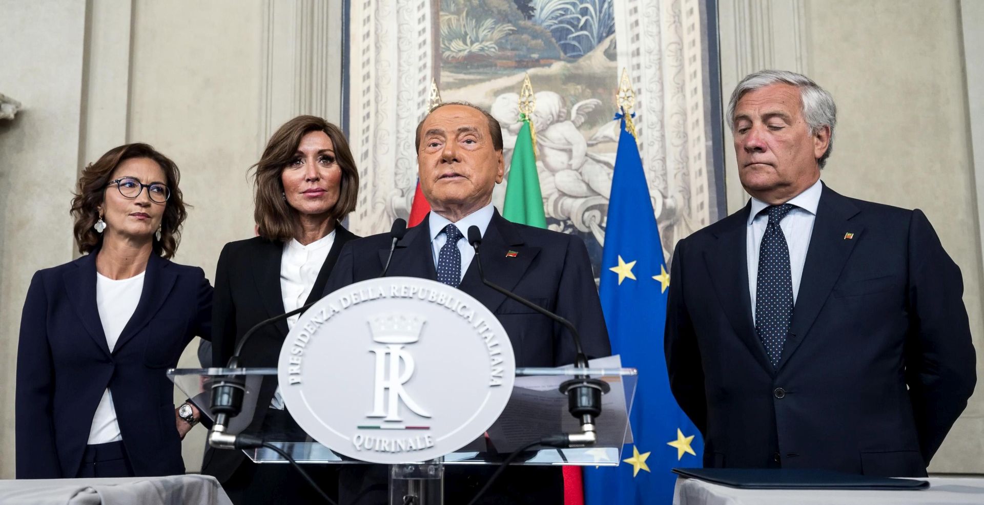 epa07785507 Former premier and leader of the Forza Italia (FI) party Silvio Berlusconi (C) addresses the media after a meeting with Italian President Sergio Mattarella at the Quirinale Palace for the second round of formal political consultations following the resignation of Prime Minister Giuseppe Conte, in Rome, Italy, 22 August 2019. In picture (L-R) are seen Mariastella Gelmini, Anna Maria Bernini and Antonio Tajani. 'The experience just concluded shows that government projects are done with the times and with compatible ideas, not after the vote but before. So a government can't be born in the lab, if it's based only on a contract,' Berlusconi said.  EPA/ANGELO CARCONI