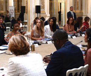 epa07787413 French President Emmanuel Macron (L) leads a meeting of the G7 Advisory Council for Equality between Women and Men as part of the 'Day of Dialogue', with United Nations Under-Secretary-General and Executive Director of UN Women Phumzile Mlambo-Ngcuka (2-L), leader of the feminist activist group Femen Inna Shevchenko (3-L) and 2018 Nobel Peace Prize Nadia Murad (3rdR) and Denis Mukwege (4-R), at the Elysee presidential palace in Paris, France, 23 August 2019. The G7 Summit runs from 24 to 26 August in Biarritz.  EPA/PHILIPPE LOPEZ / POOL  MAXPPP OUT